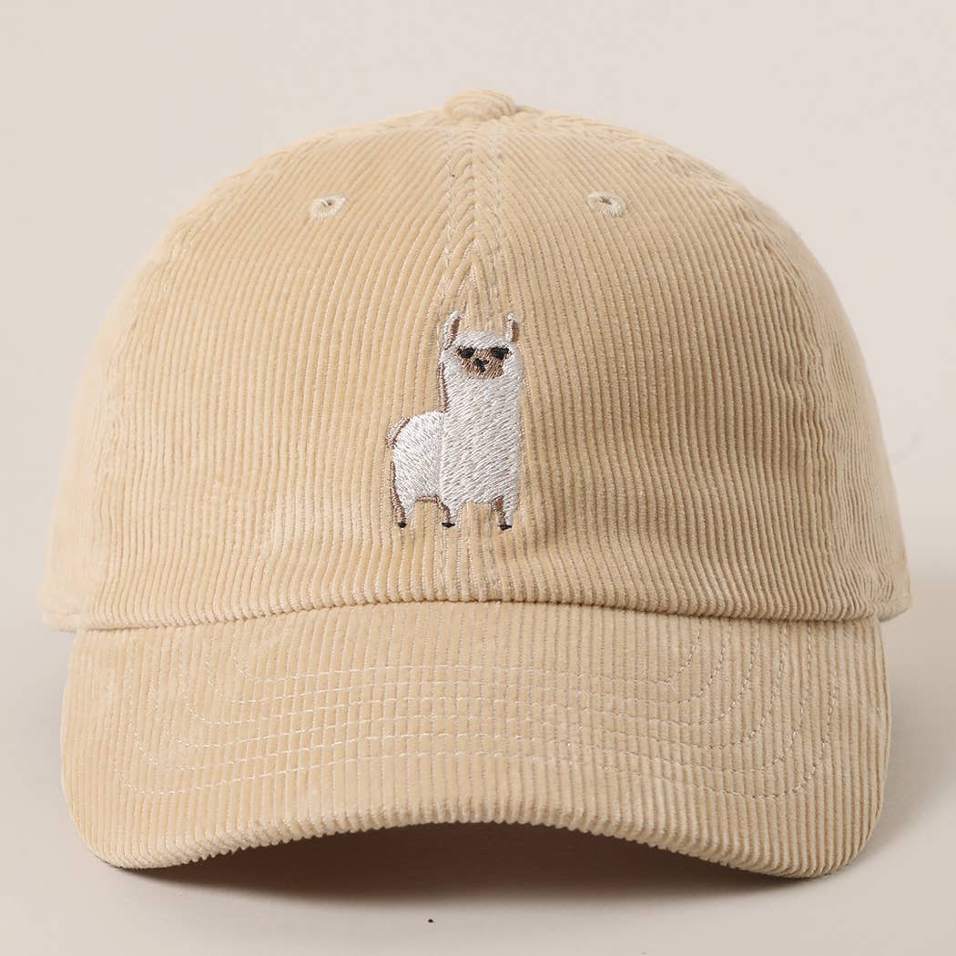 Cute Alpaca Embroidered Corduroy Baseball Cap: DARK GREEN / One Size