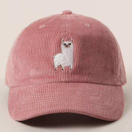 Cute Alpaca Embroidered Corduroy Baseball Cap: MAUVE / One Size