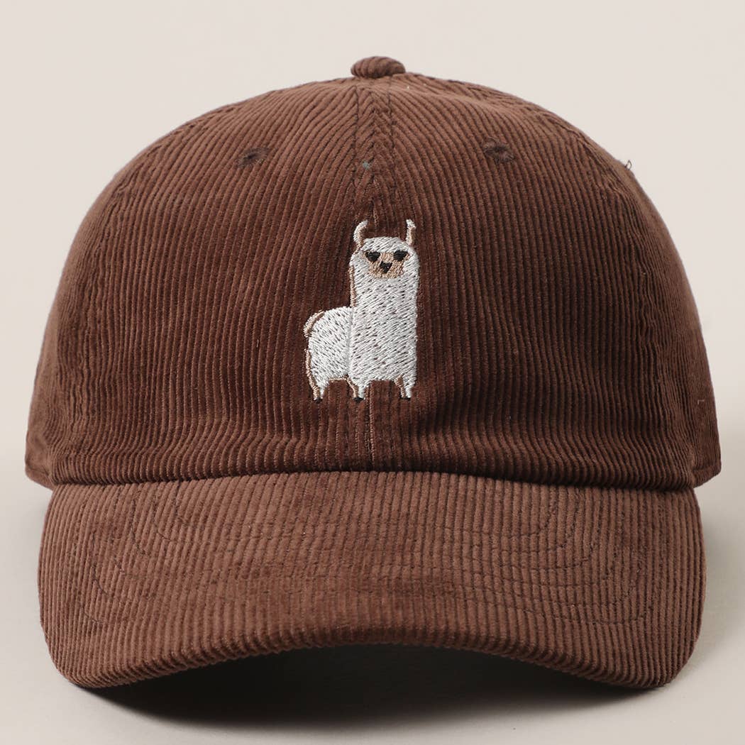 Cute Alpaca Embroidered Corduroy Baseball Cap: DARK GREEN / One Size