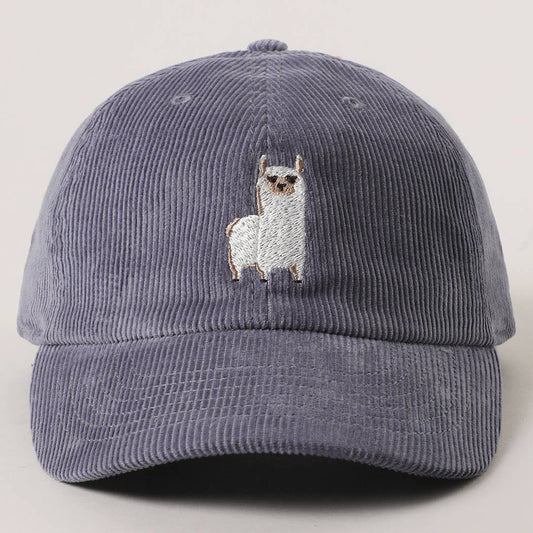 Alpaca Embroidered Corduroy Baseball Cap - Blue/Grey