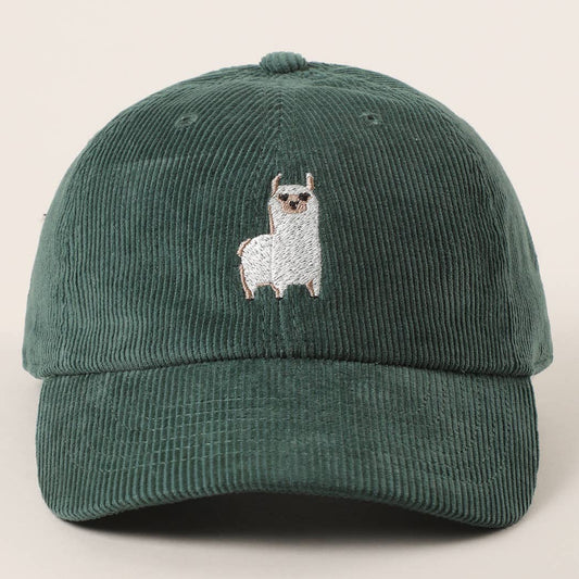 Cute Alpaca Embroidered Corduroy Baseball Cap: DARK GREEN / One Size